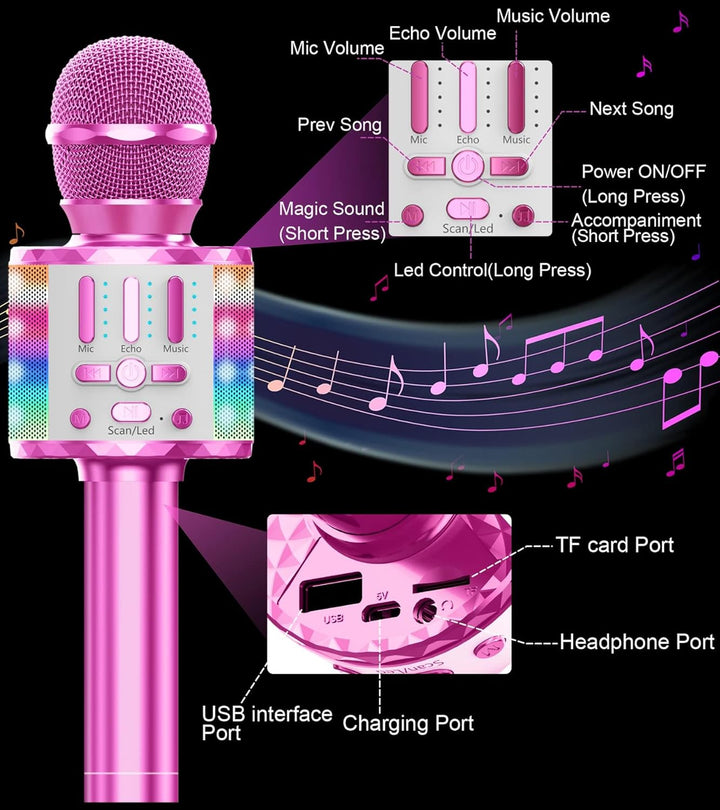 Karaoke Mikrofon, Drahtloses Bluetooth Mikrofon Kinder mit LED, Tragbares Karaoke Maschine zum Singe