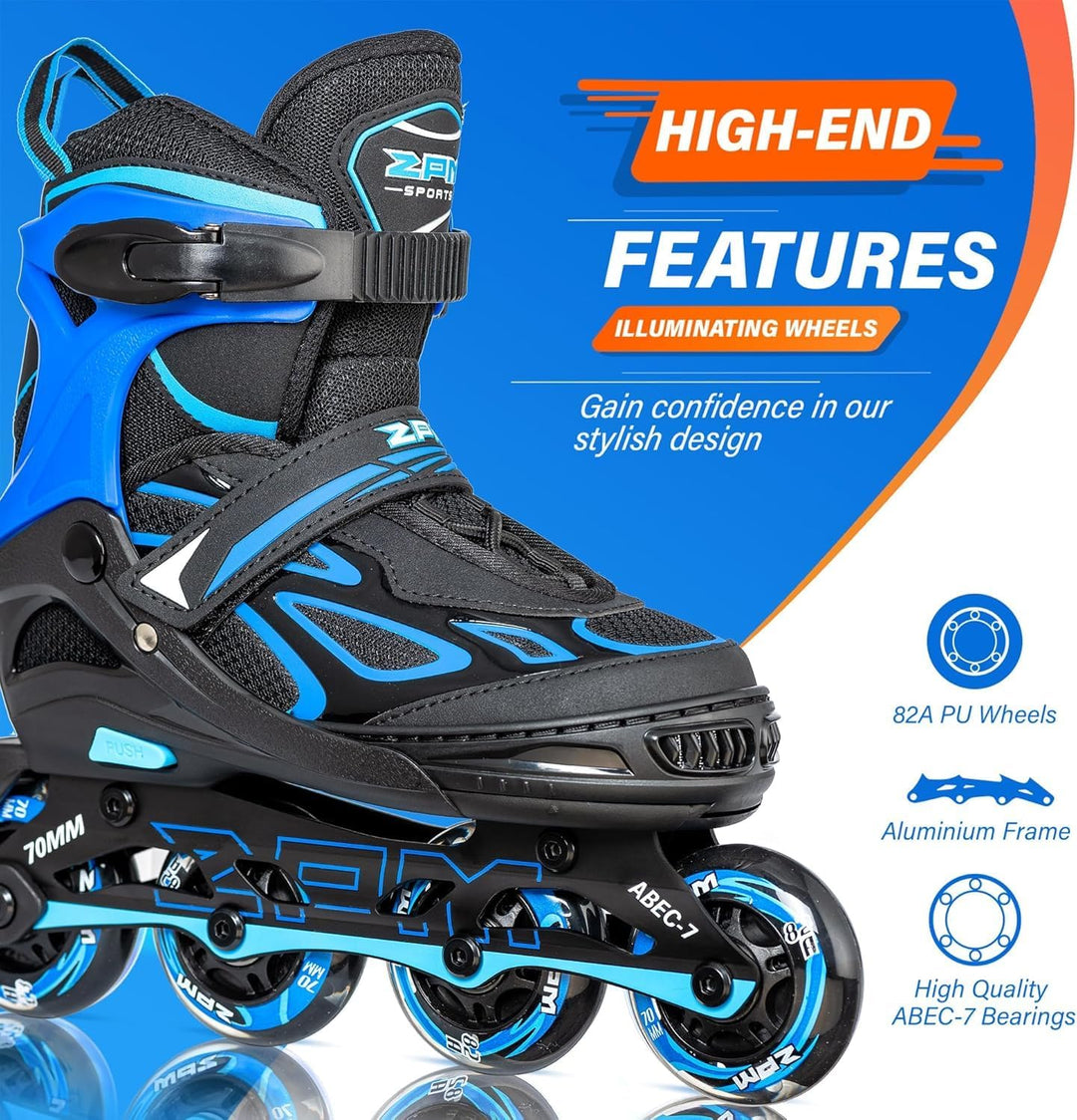 2PM SPORTS Verstellbar Inliner für Kinder, Leucht Inline Skates Rollschuhe für Damen/Herren Blau Lar