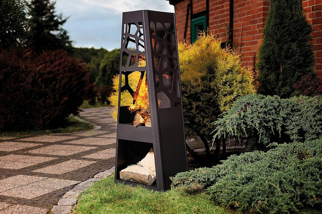 dobar® 35424 Design Metall Gartenkamin | Terrassenofen auf Stahlblech inkl. Stauraum | XL Feuerstell