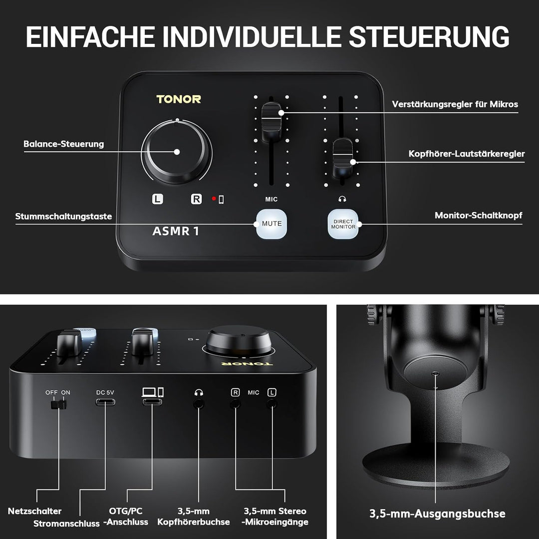 TONOR Podcast Mikrofon Set mit Audio Interface, ASMR Mikrofon, 2 Kondensatormikrofone, Audio Mixer,