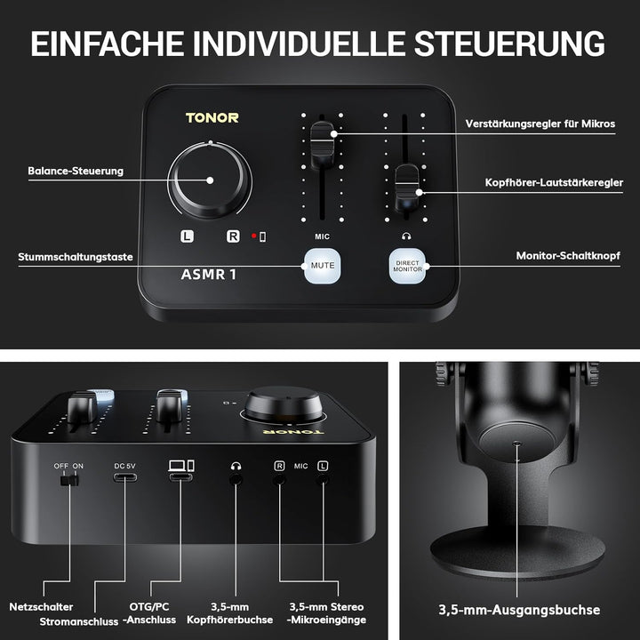 TONOR Podcast Mikrofon Set mit Audio Interface, ASMR Mikrofon, 2 Kondensatormikrofone, Audio Mixer,
