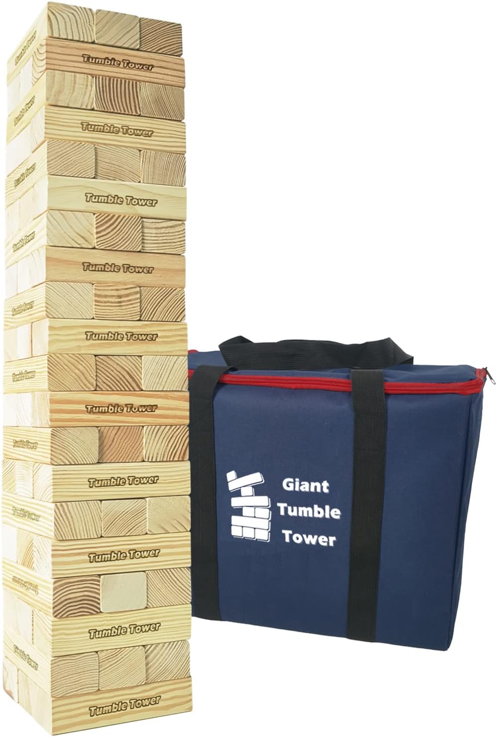 JacMok Grosser Wackelturm Spiel Holz Turmspiel aus Kiefer- Stapelturm 60 Bausteine mit Tragetasche -