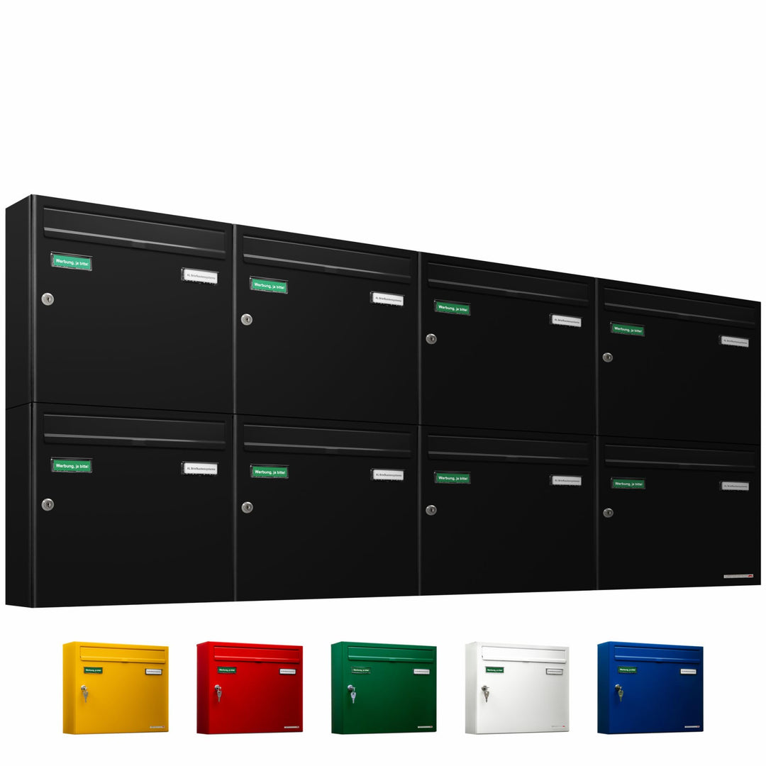 AL Briefkastensysteme Basic 8er Briefkasten RAL 9005 Tief Schwarz 8 Fach DIN A4 wetterfest Briefkast