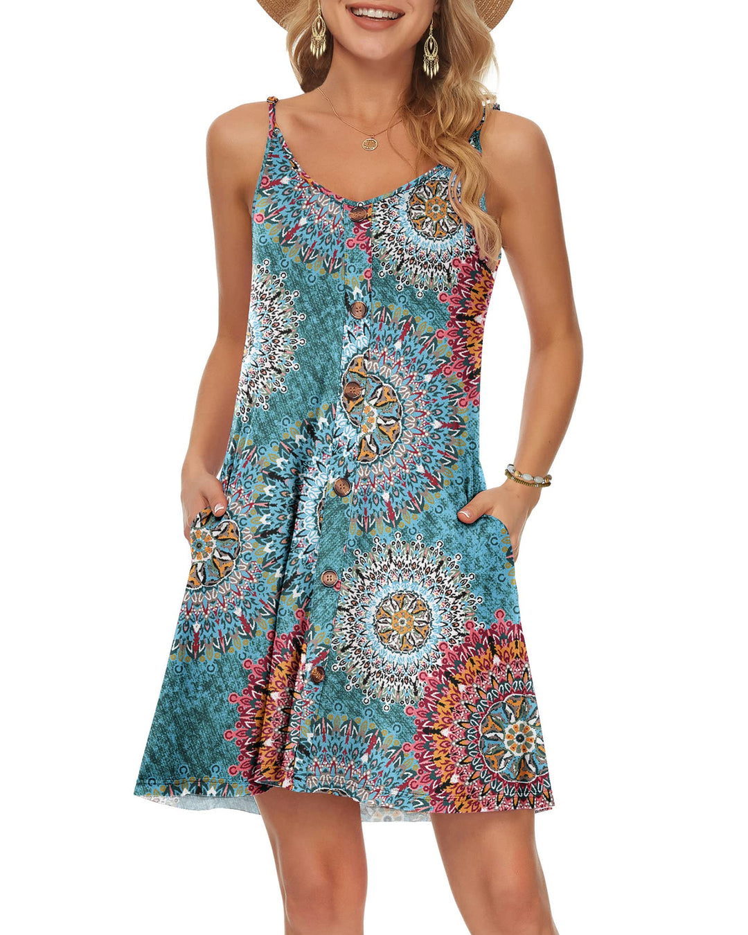 WNEEDU Damen Kleid Sommer Spaghettiträger Sommerkleid Kurze Strandkleider V Ausschnitt Leichte Freiz