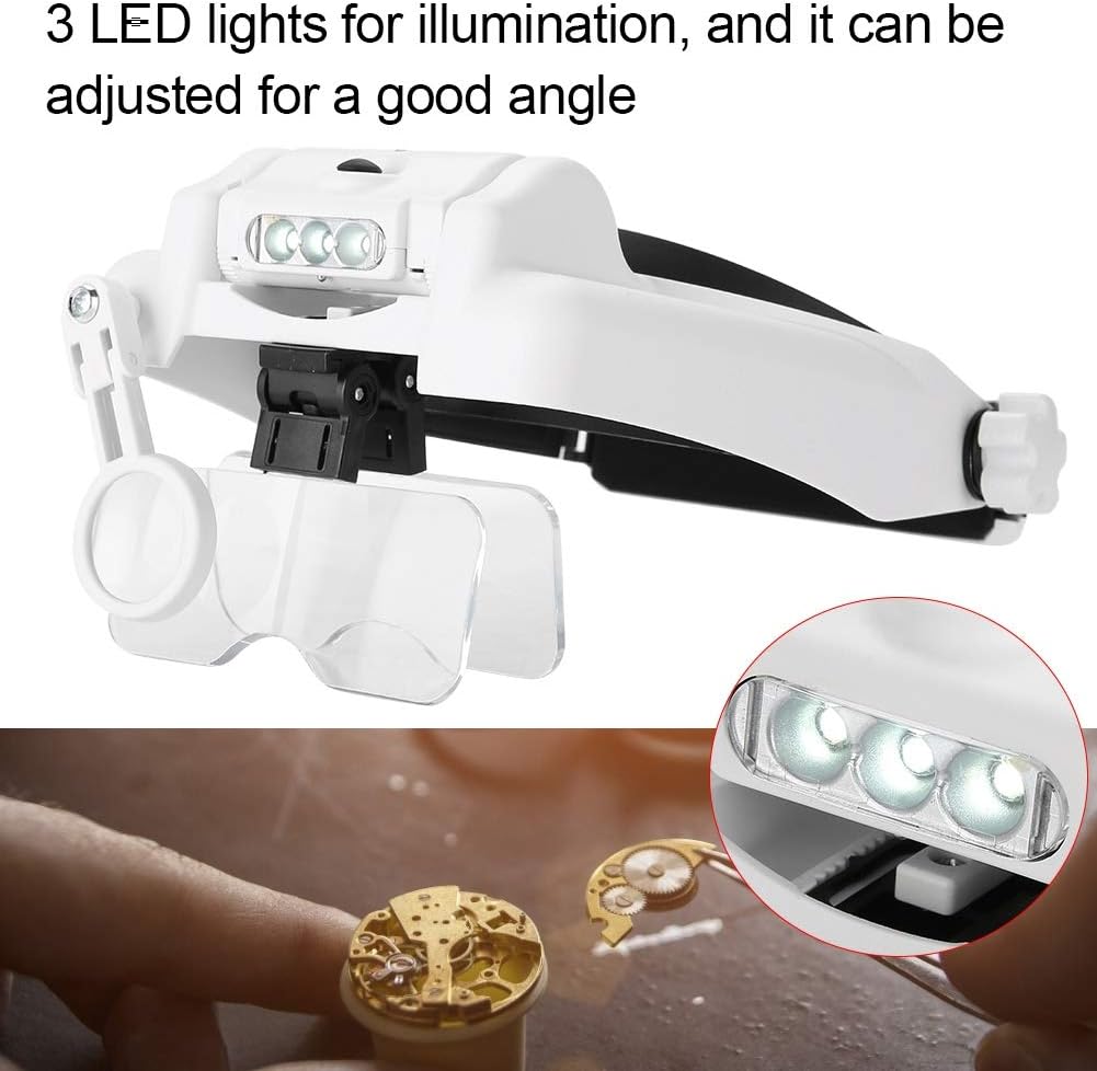 Dioche Lupenbrille mit Licht,USB-Aufladung 3 LED-Leuchten Headset Lupe Schmuckuhren Kopfbandlupe Sti