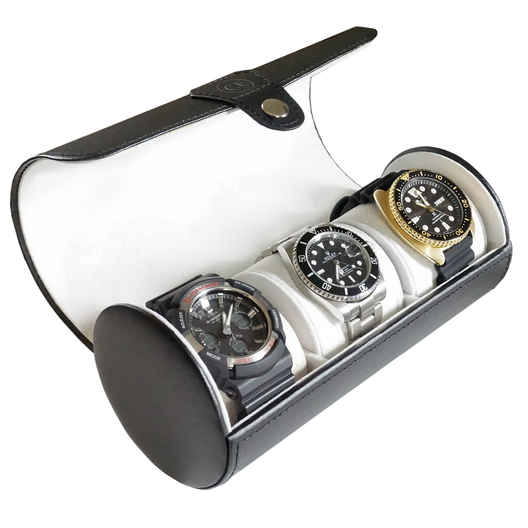 CASE ELEGANCE zylindrische Uhrenbox aus Vegan Leder in Schwarz für 3 Uhren Black, Black