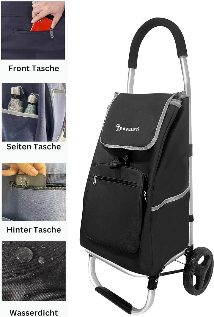 56 L Einkauf Trolley Einkaufswagen Shopping Trolley Tasche Aluminium Stabil Schwarz, Schwarz
