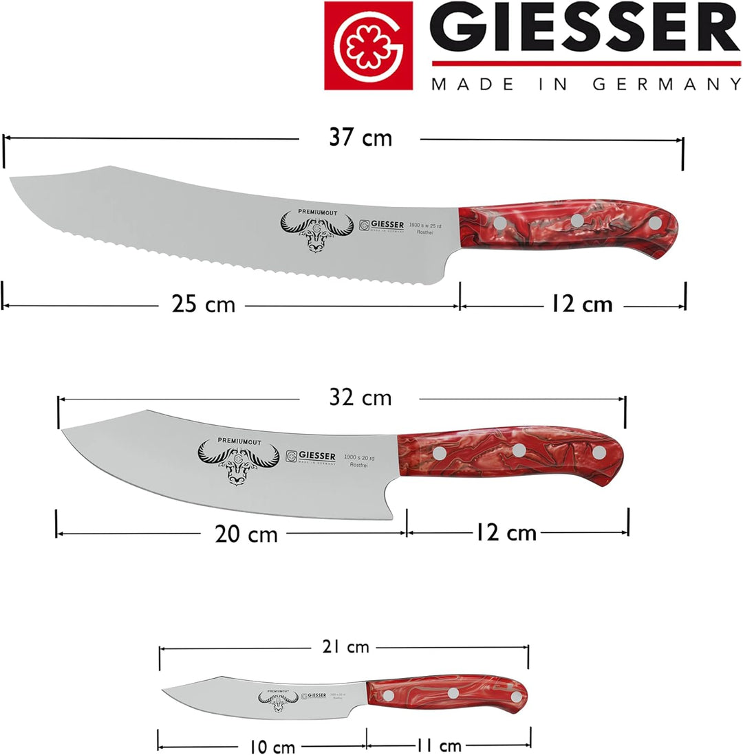 GIESSER seit 1776 - Made in Germany - Messerset 3 teilig, Red Diamond, PremiumCut, Kochmesser 20 cm,