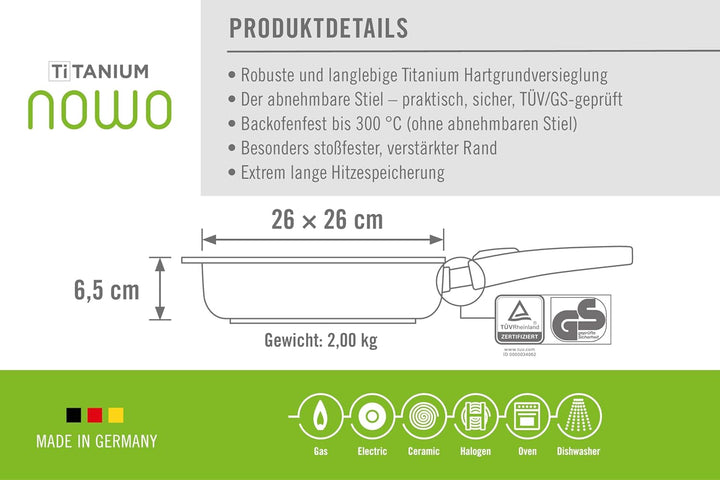 Titanium Nowo Gusspfanne, viereckig, 26 x 26 cm, 6,5 cm hoch, mit abnehmbarem Stiel, 26 cm