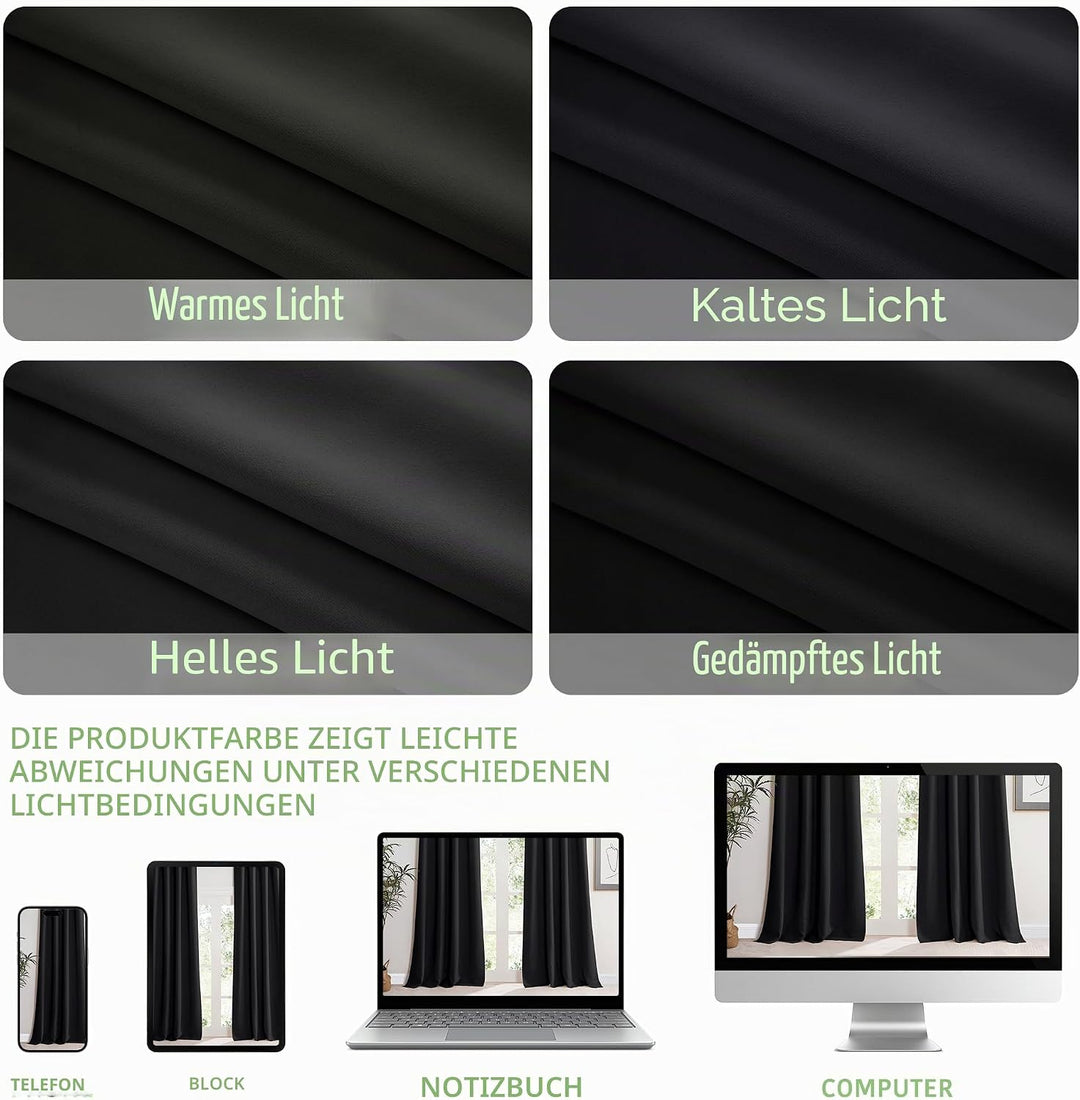 KGORGE Schwarze Gardinen 2er Set Schlafzimmer Vorhänge Lichtundurchlässig 175 x 140 cm(HxB) Vorhang