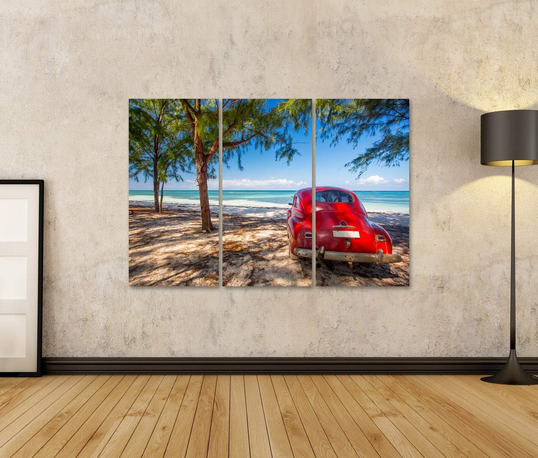 islandburner Bild auf Leinwand Oldtimer Rot Strand Kuba Bilder Wandbilder Poster Leinwand 130x80cm -