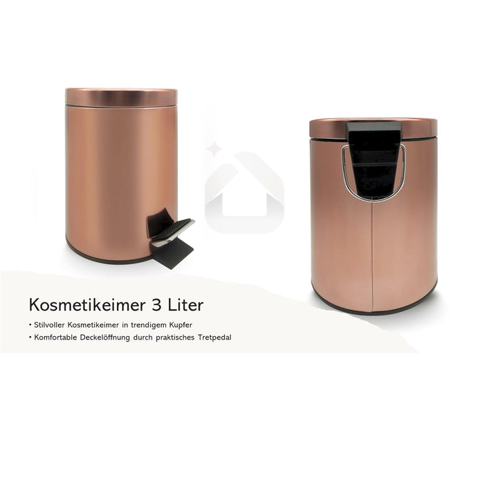 Kosmetikeimer 3 Liter in Kupfer für Badezimmer | Glänzende Oberfläche | Masse: 26 x 17 cm | Treteime