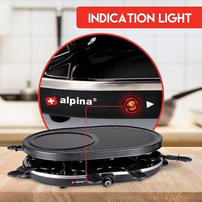 alpina Raclette-Grill - Elektrische Tischgrill - mit Pfannen und Spachteln - 1200 Watt - 8 Personen