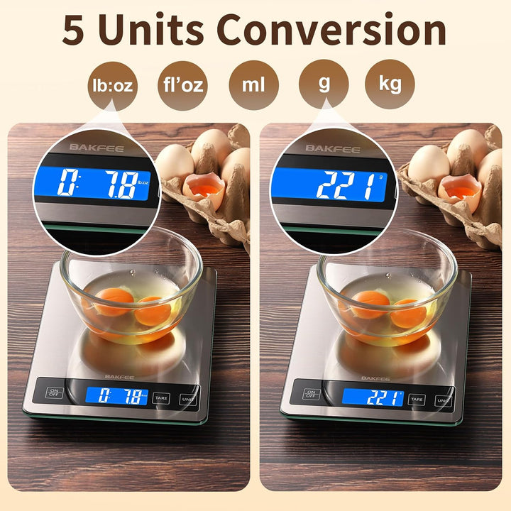 Digitale Küchenwaage mit gehärtetem Glas und Edelstahl-Oberfläche, 1 g / 0,1 oz Lebensmittelwaage mi