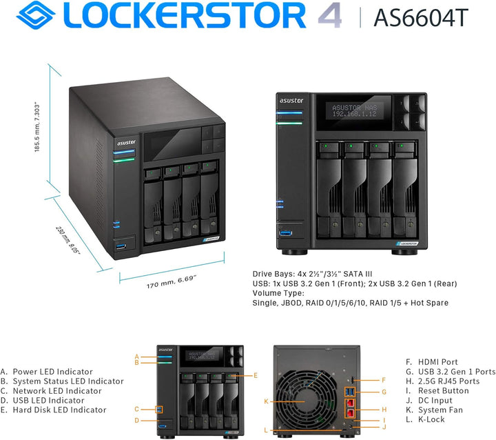 Asustor Lockerstor 4 AS6604T 4 Bay NAS - Netzwerkspeicher Gehäuse, Quad Core 2.0GHz CPU, 4GB RAM DDR