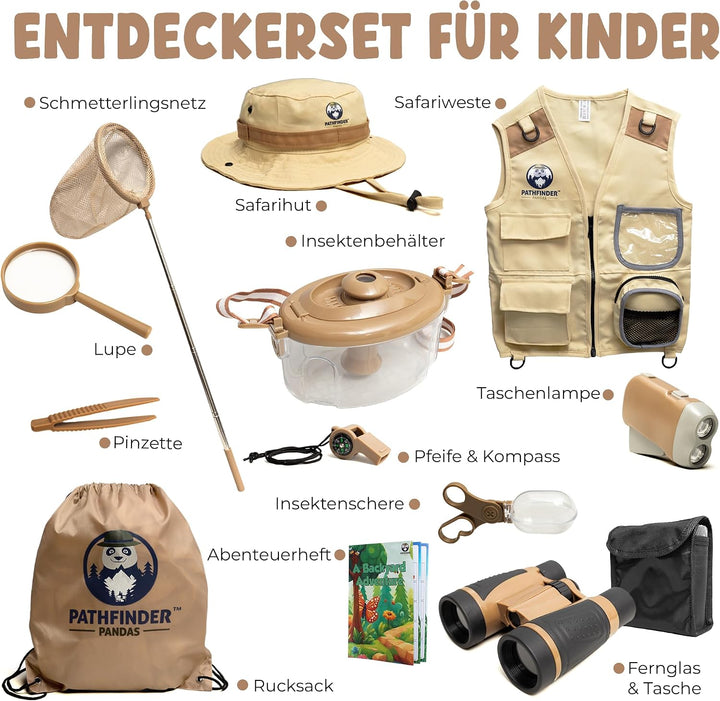 Entdecker-Set für Kinder mit Safariweste, Hut &amp; Insektenfang-Set – Abenteuerführer &amp; Schnitzeljagd –
