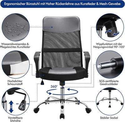 Yaheetech Bürostuhl, ergonomischer Schreibtischstuhl, chefsessel Computerstuhl, 360° Drehstuhl mit k