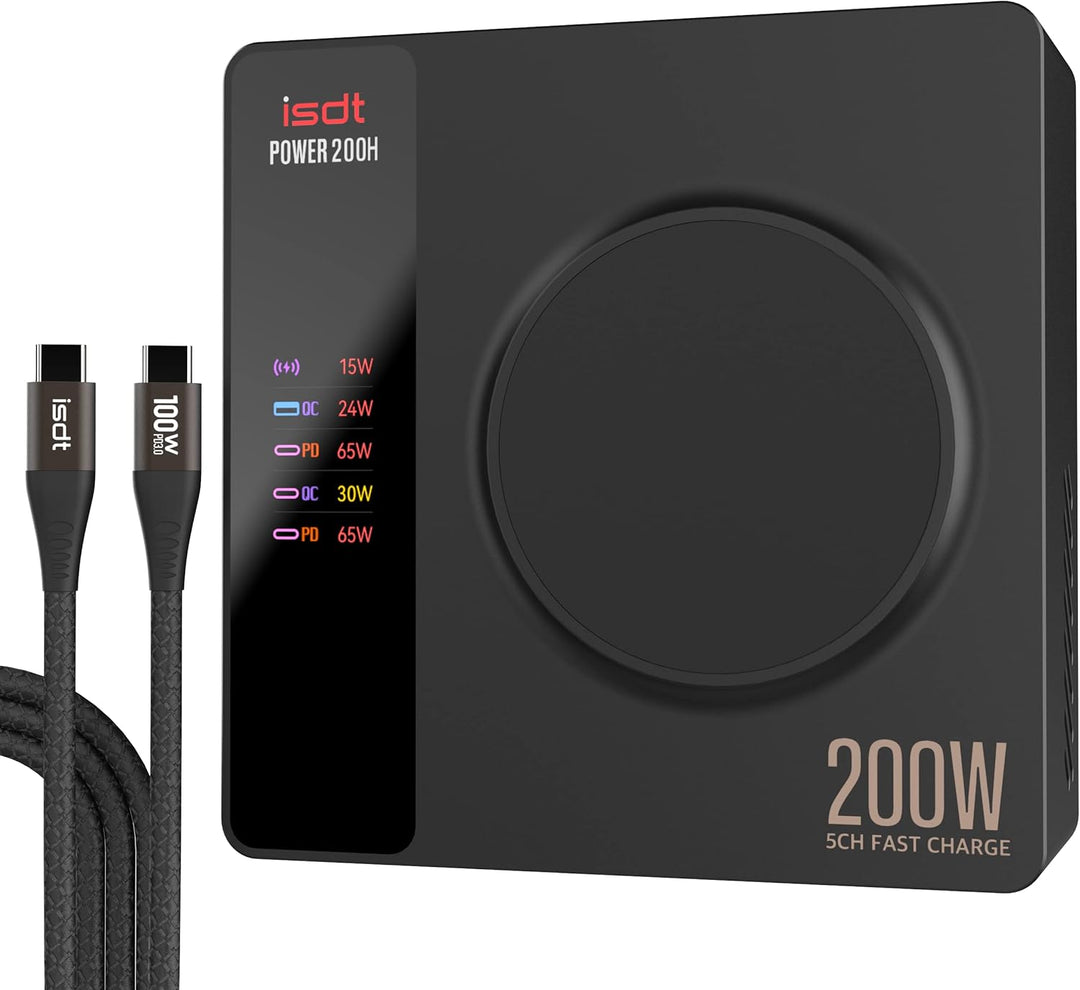ISDT 200H Wandladegerät Kabelloses Desktop Laden USB C Ports(100W Max),4+1 Port Kompatibel mit Lapto