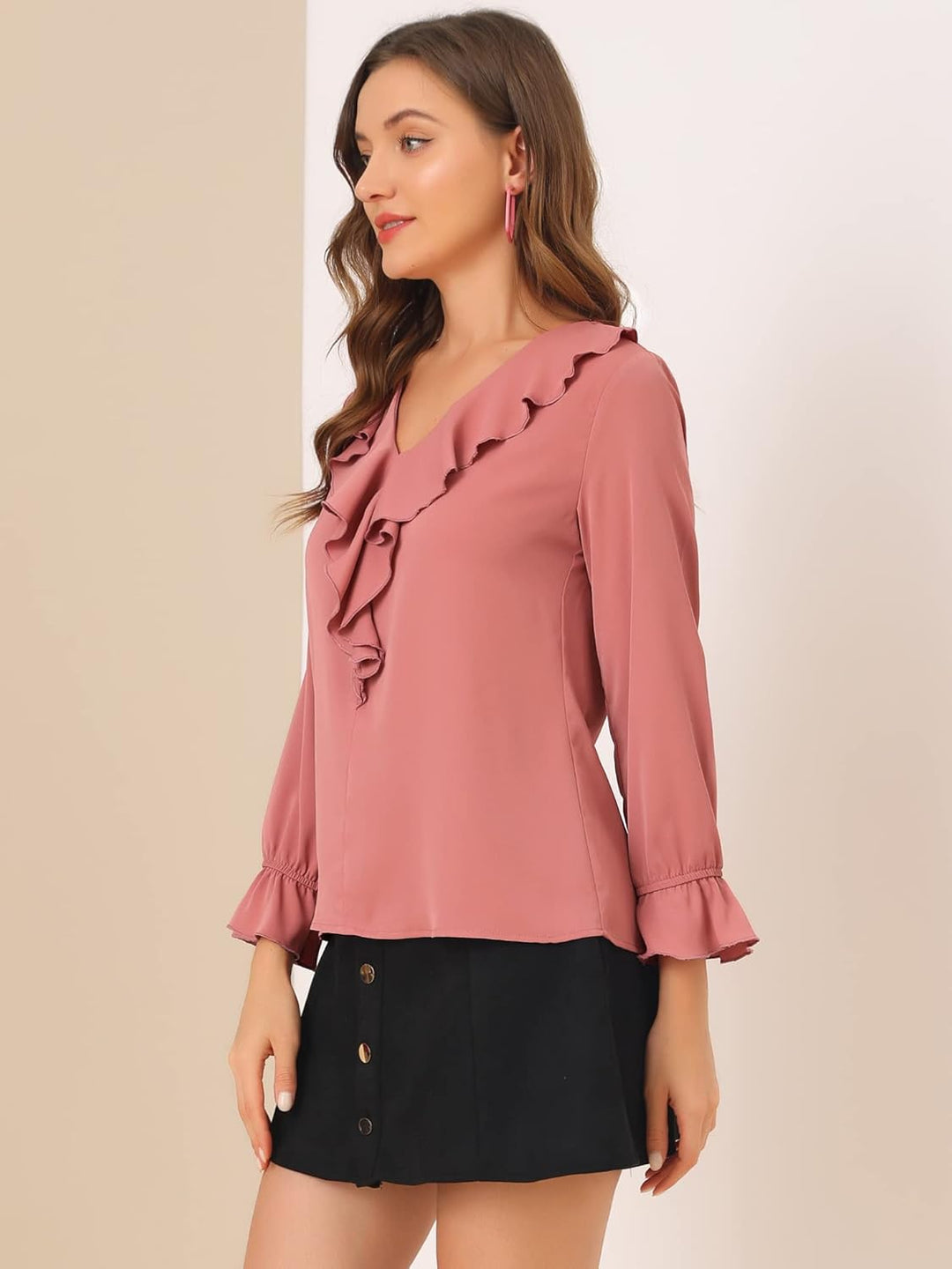 Allegra K Damen Chiffon Bluse Langarm V-Ausschnitt Rüschen Volant Oberteil Elegantes Shirt XL Dunkel