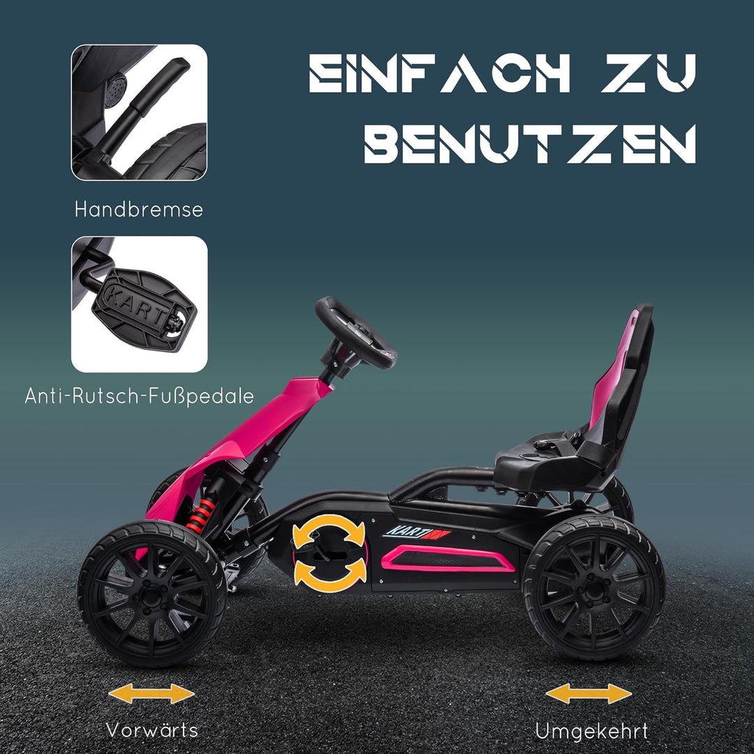 HOMCOM Gokart Tretauto mit Handbremse, verstellbarem Sitz, Vor- und Rückwärtsgang, Tretfahrzeug Kind