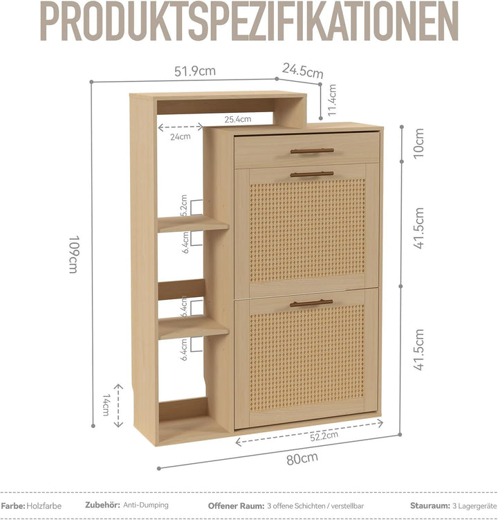 Schuhschrank schmal Holzoptik & handgefertigtes Rattan, moderner Schuhschrank mit Schublade – für Fl