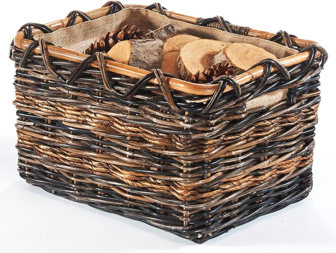Kobolo Holztrage Holzkorb für Kaminholz eckig - Rattan und Bananenblatt - mit Jutestoff ausgestattet