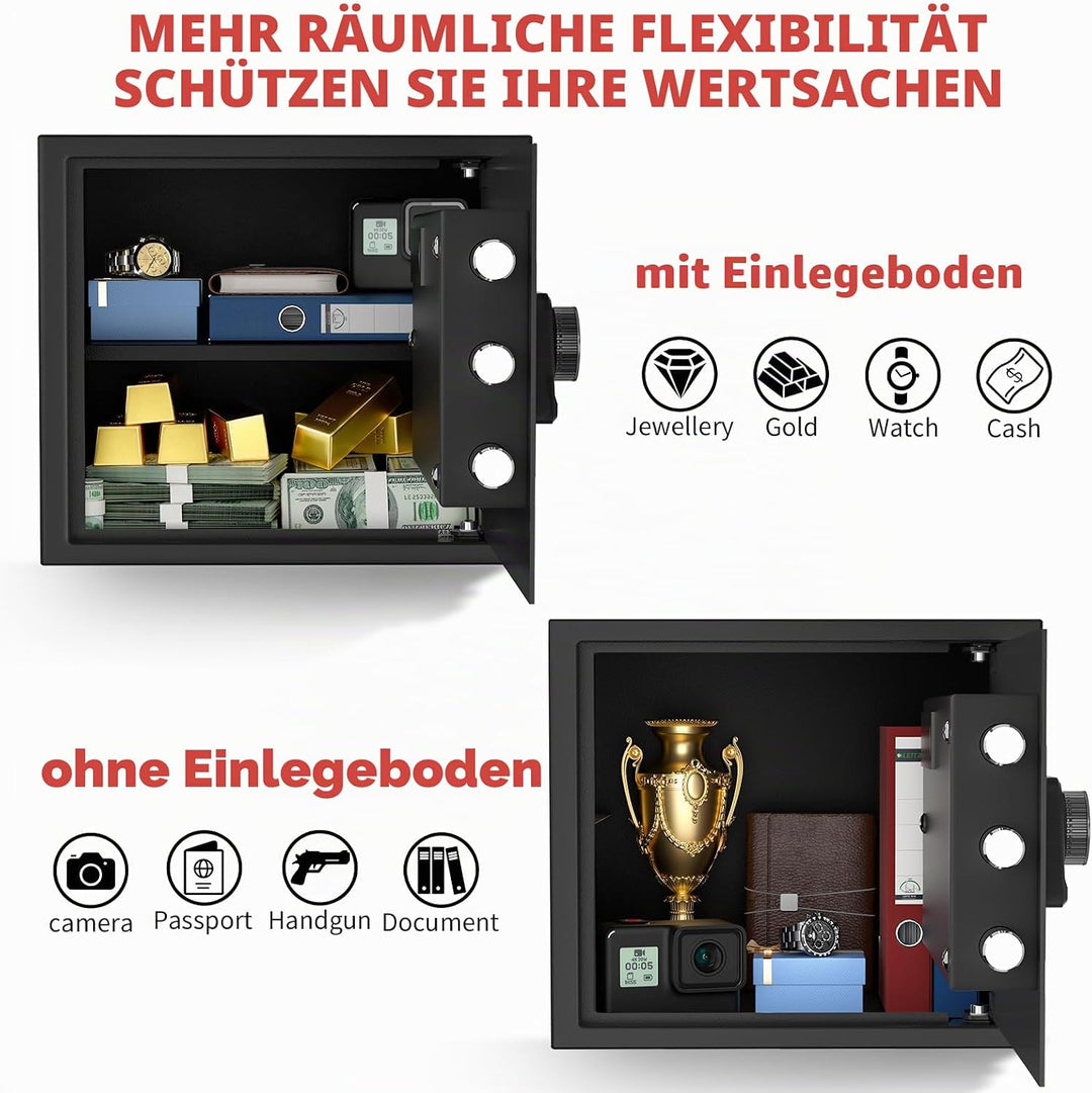 30L Tresor – Stahl-Safe, Möbeltresor mit Zahlenschloss & Code-Alarmsystem, LED-Beleuchtung, Abnehmba