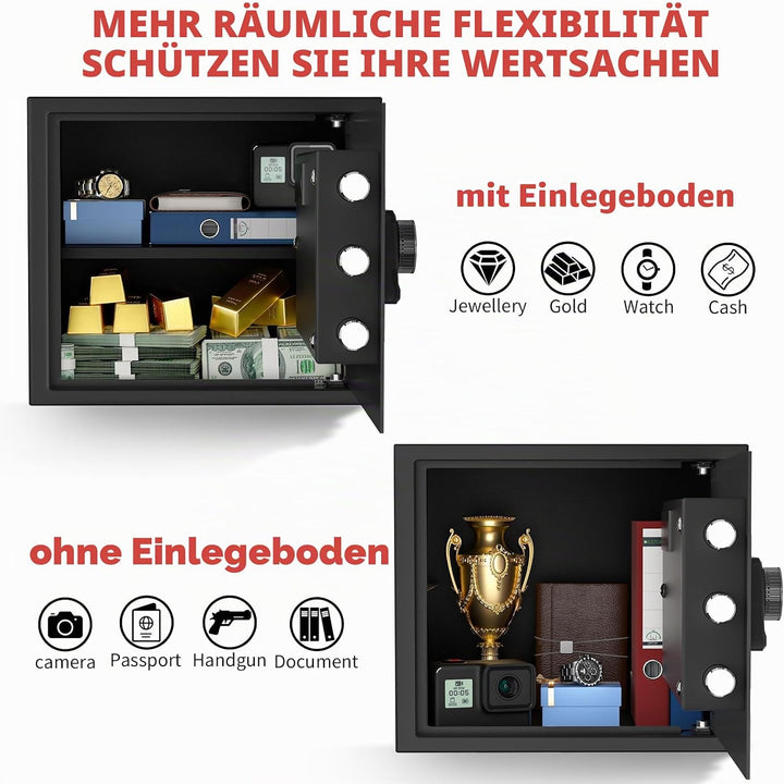 30L Tresor – Stahl-Safe, Möbeltresor mit Zahlenschloss & Code-Alarmsystem, LED-Beleuchtung, Abnehmba