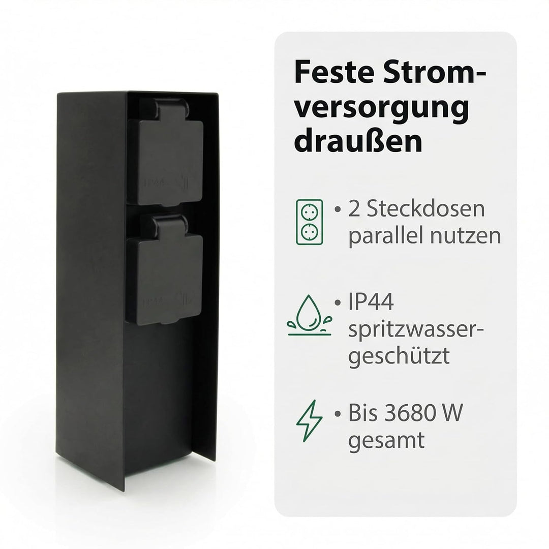 LED Universum Gartensteckdose aus Edelstahl, IP44 für aussen (Schwarz 2-fach), Schwarz 2-fach