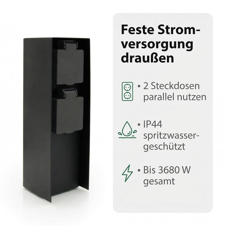 LED Universum Gartensteckdose aus Edelstahl, IP44 für aussen (Schwarz 2-fach), Schwarz 2-fach