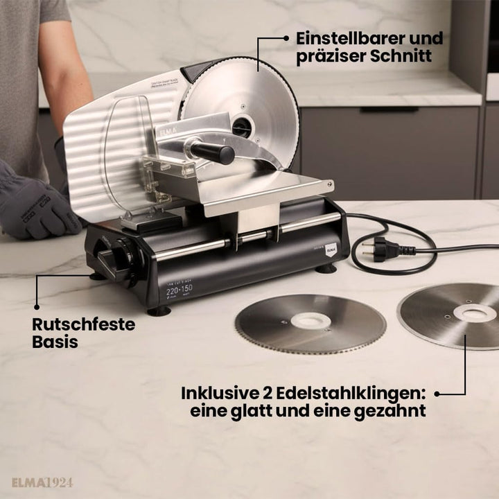 ELMA Elektrische Aufschnittmaschine CFD220 XL mit Zwei Edelstahlklingen Ø220 mm | Haushalts-Aufschni
