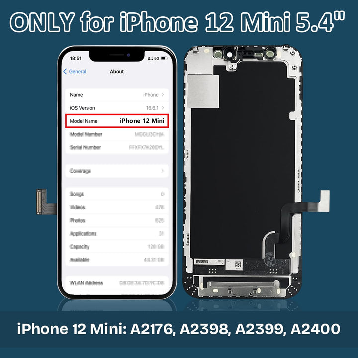 Display für iPhone 12 Mini 5,4'' Full HD Retina LCD mit 3D Touch Digitizer, Ersatzteilset inklusive