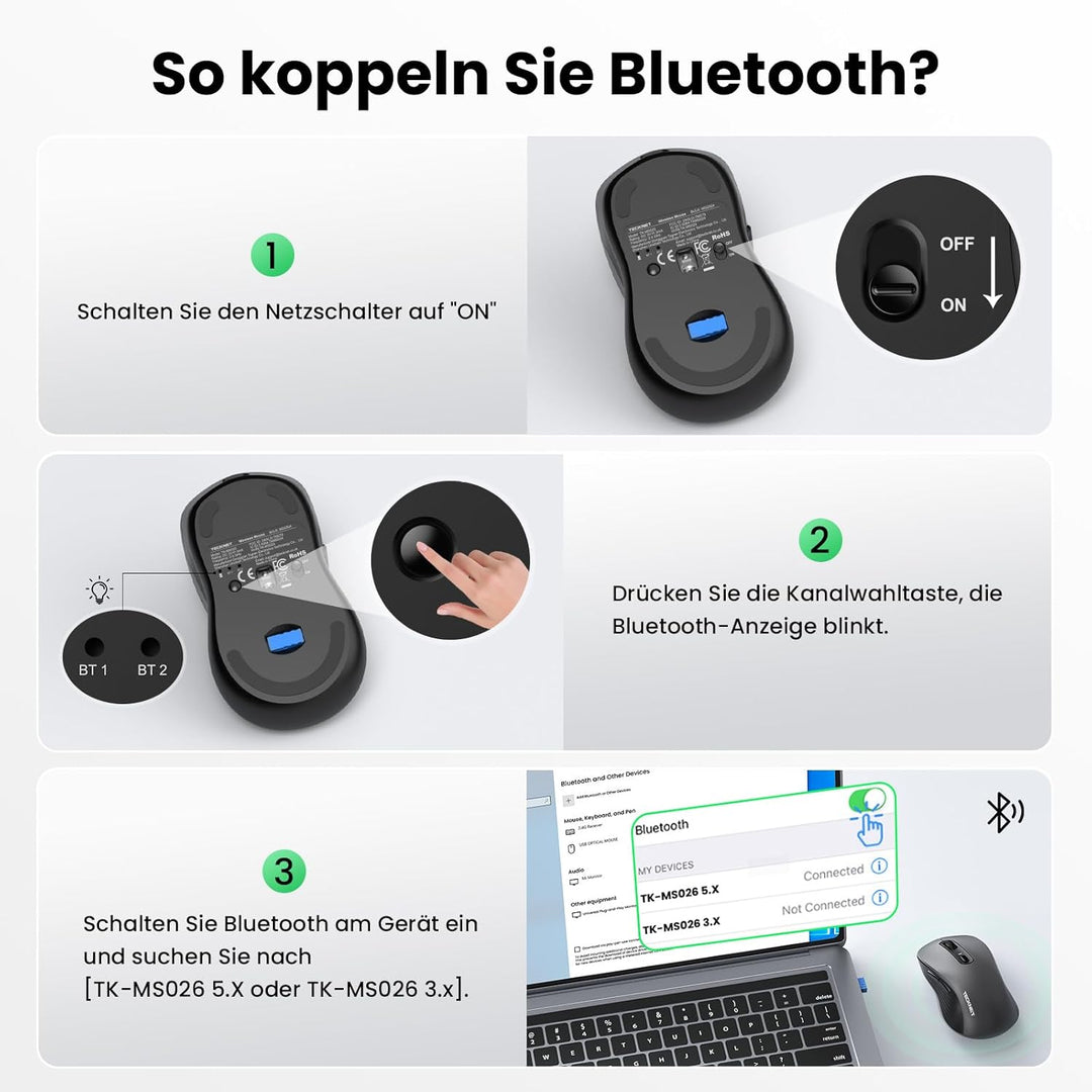 TECKNET Bluetooth Maus, PC Maus Kabellos, Wiederaufladbar Computer Maus 4800 DPI, (BT 5.0/3.0+2.4 GH