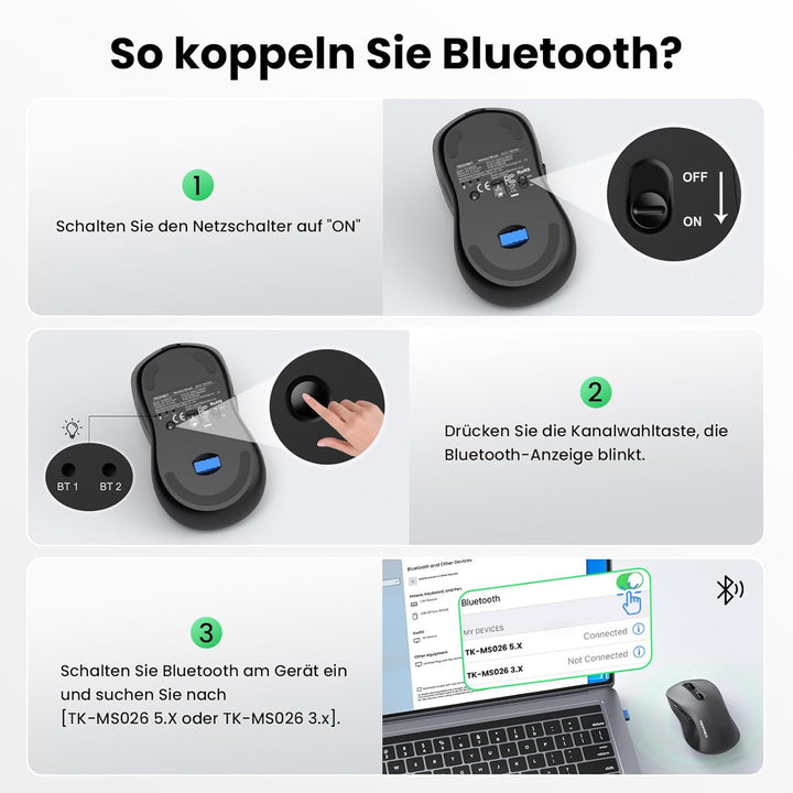 TECKNET Bluetooth Maus, PC Maus Kabellos, Wiederaufladbar Computer Maus 4800 DPI, (BT 5.0/3.0+2.4 GH