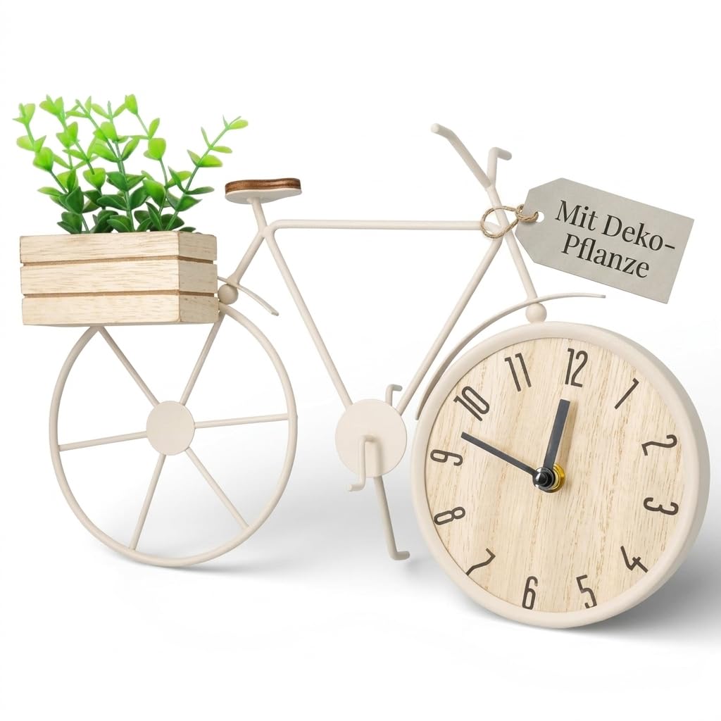 MIJOMA Tischuhr Fahrrad 34 x 24 cm – Metallrahmen mit Holzbox und Deko-Pflanze – analoges Zifferblat