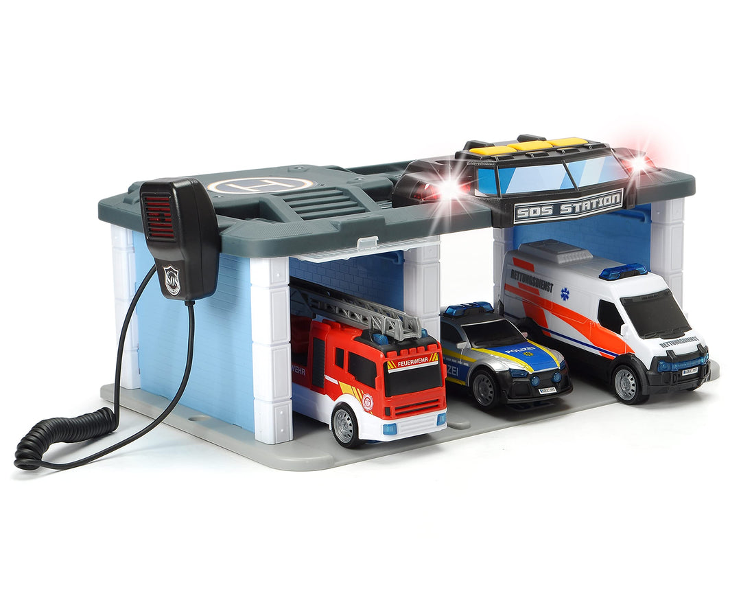 Dickie Toys SOS Rettungsstation mit Polizei, Feuerwehr und Krankenwagen, Station mit Licht & Sound,