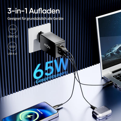 ARZOPA USB C Ladegerät 65W USB-C Netzteil GaN Charger 3-Port Schnellladegerät PPS Mehrfach Ladegerät