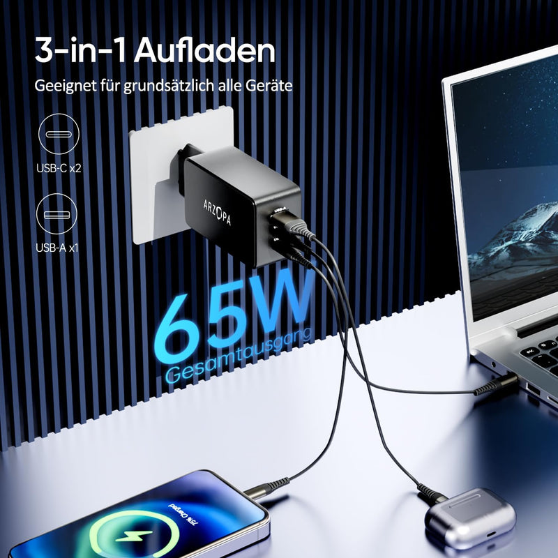 ARZOPA USB C Ladegerät 65W USB-C Netzteil GaN Charger 3-Port Schnellladegerät PPS Mehrfach Ladegerät