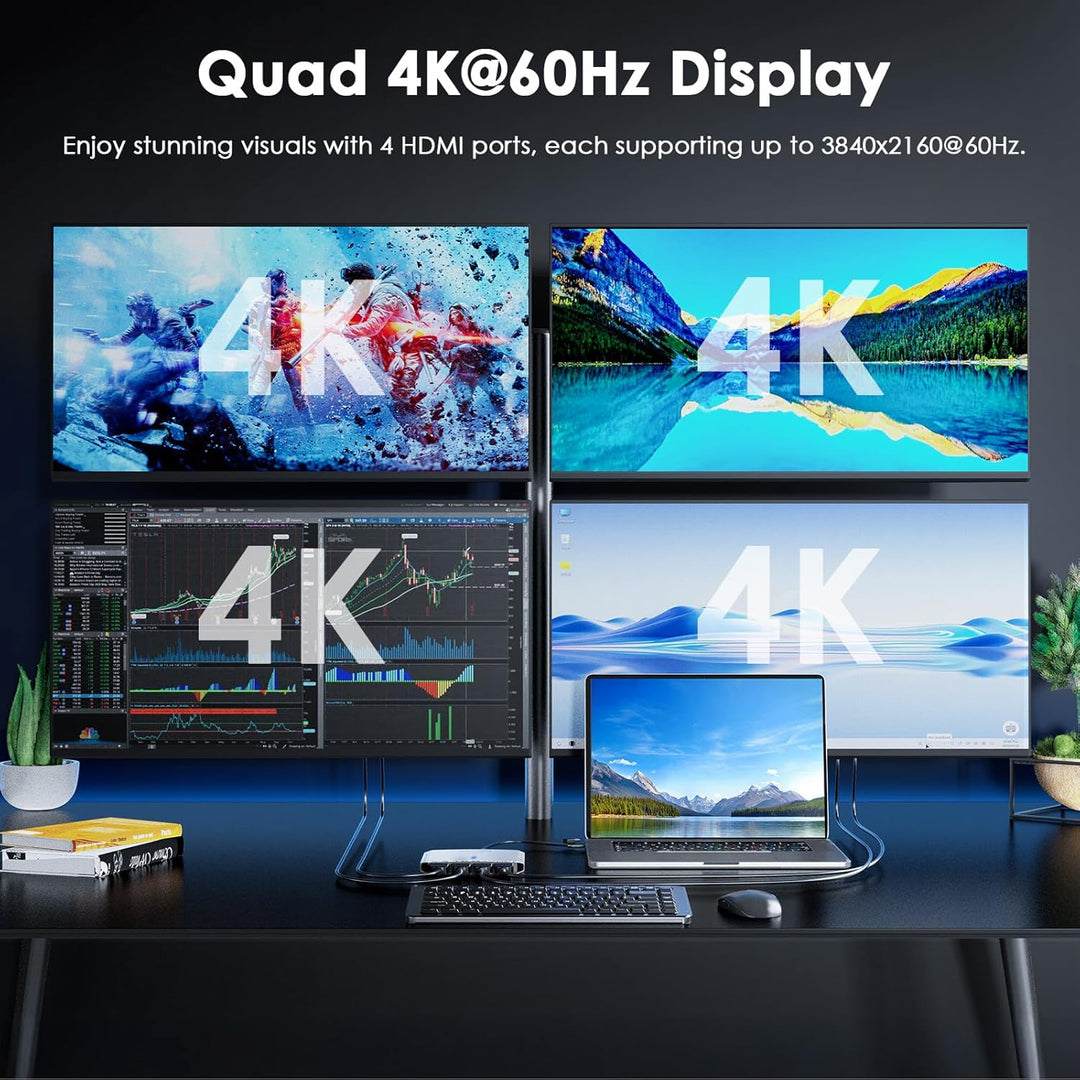 WAVLINK USB 3.0/C to Quad HDMI Splitter Extended Display for Four Monitor with 85W PD, Displaylink A