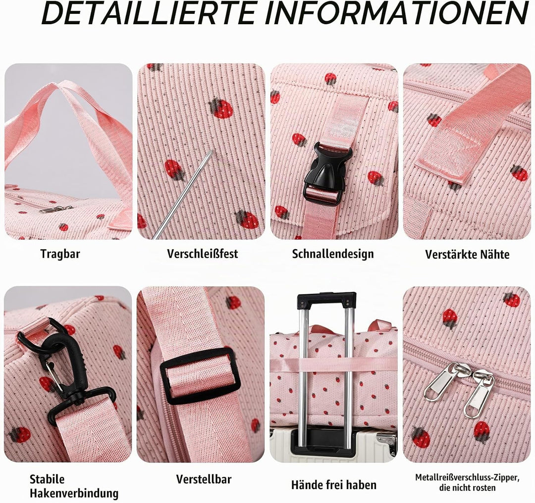Sporttasche Kinder Mädchen Erdbeere Cord Reisetasche Damen Weekender Schwimmtasche mit Schuhfach und