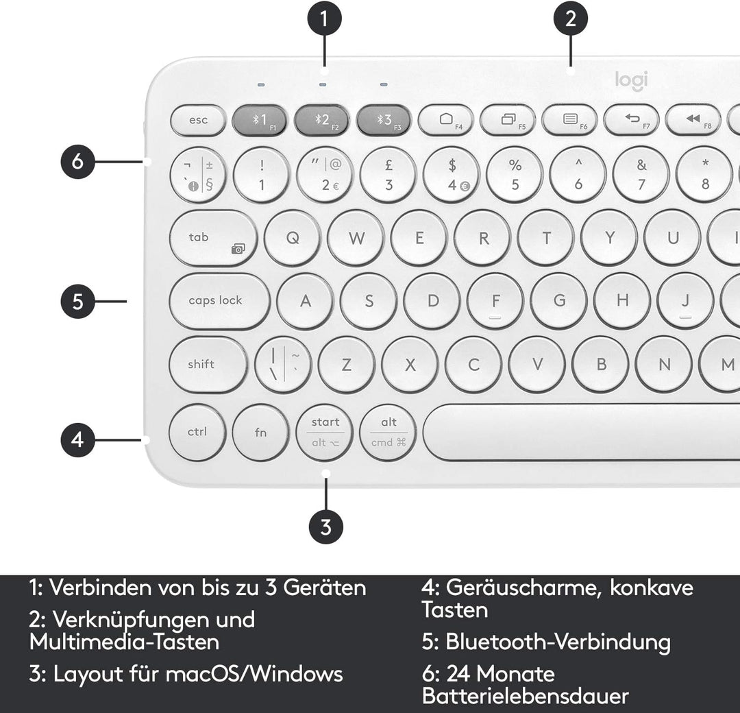 Logitech K380 kabellose Multi-Device Bluetooth-Tastatur mit Easy-Switch für bis zu 3 Geräte, schlank