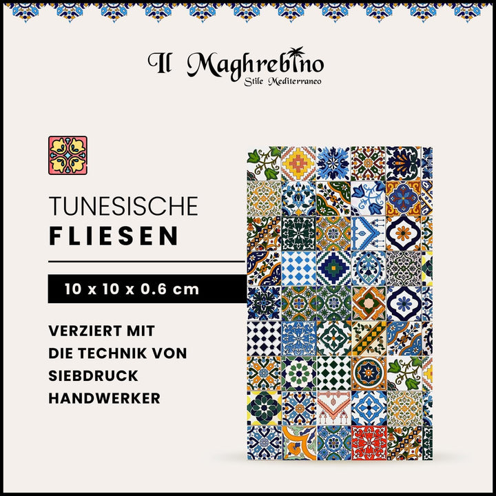 100 gemischte Fliesen Tunesien Keramik (1 m²). Packung mit 100 Fliesen verziert, 10 x 10 cm. Dicke 0