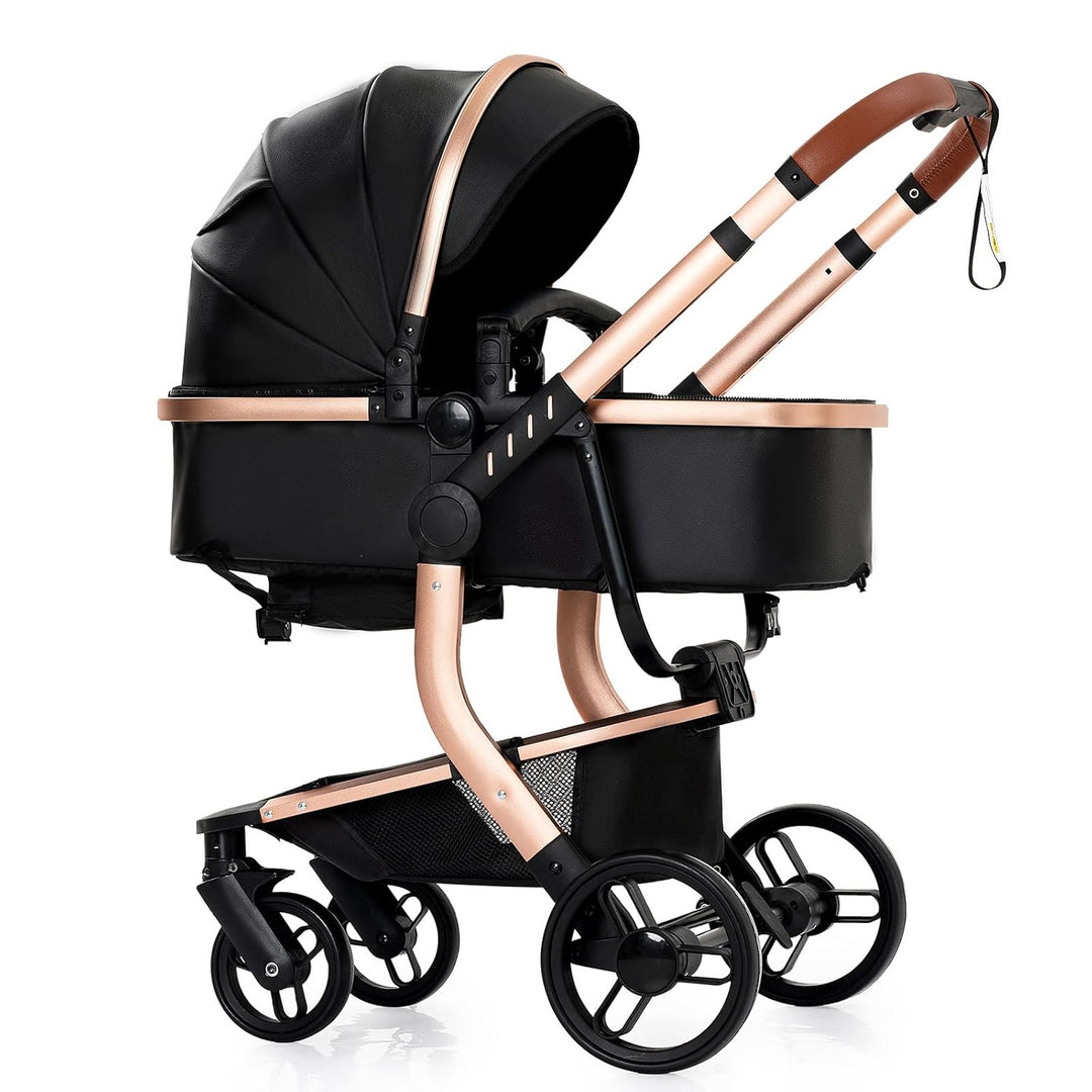 Reenborn PU-Leder Kinderwagen 3 in 1, Buggy mit Ein-Klick-Faltdesign, Kinderwagen mit Zwei Umkehrbar