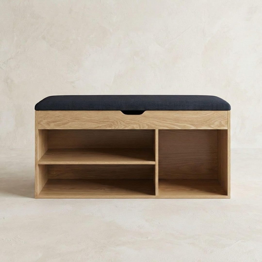 BOXIMO TRIA Schuhschrank mit Sitzbank, MDF und Polyester, 80 x 43 x 30 cm (Braun), Braun