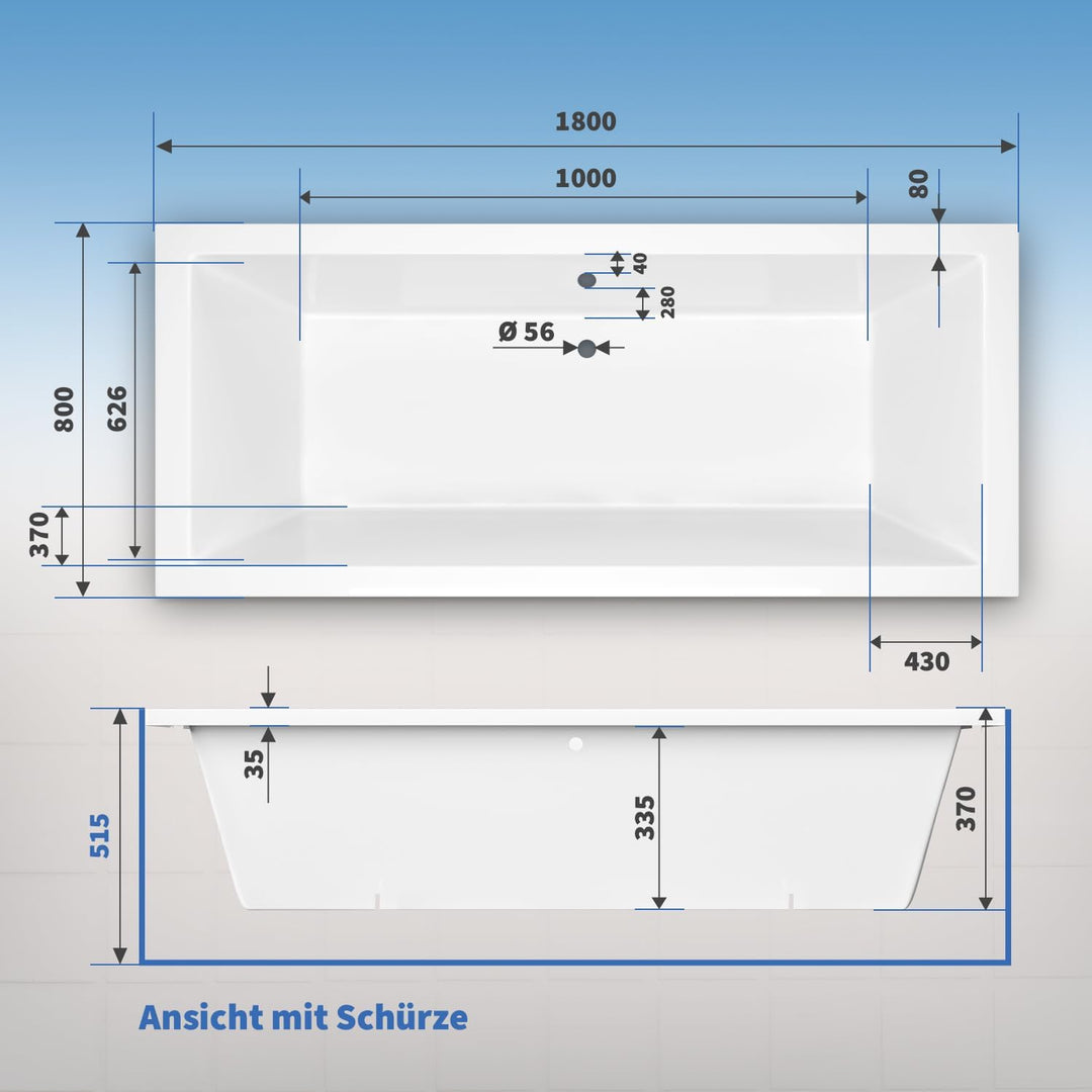 AQUADE Acryl Badewanne 180x80 Modell: Ulm - Weiss Badewanne Komplettset 180x80 - Badewannen mit Wann
