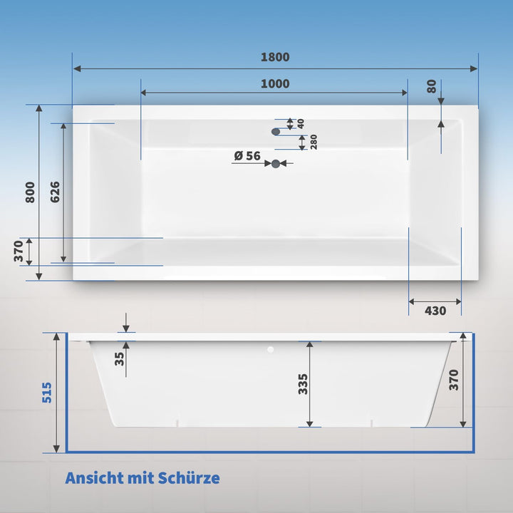 AQUADE Acryl Badewanne 180x80 Modell: Ulm - Weiss Badewanne Komplettset 180x80 - Badewannen mit Wann