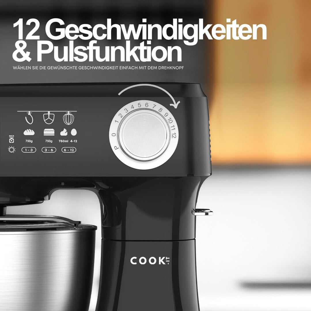 COOK-IT Küchenmaschine - 600W Teigknetmaschine - Profi Multifunktion Stand Mixer 12 Geschwindigkeite