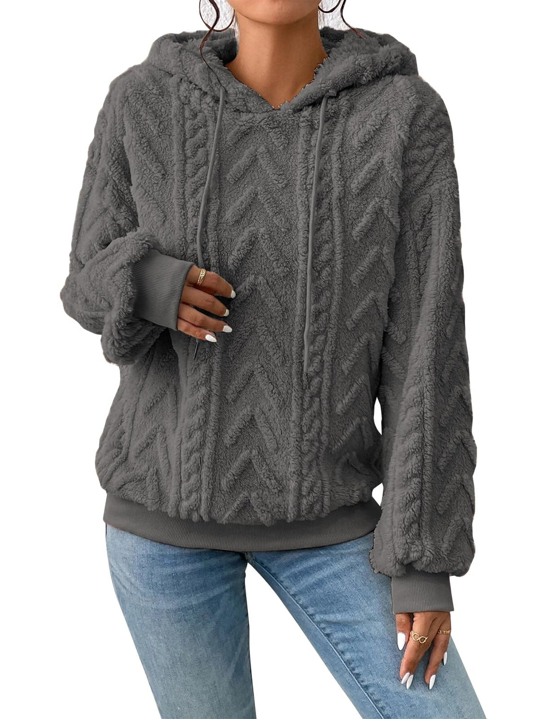 Zetieny Hoodie Damen Kapuzenpullover Teddy Fleece Double Fuzzy Fluffy Jacquard Pullover Lässiges War