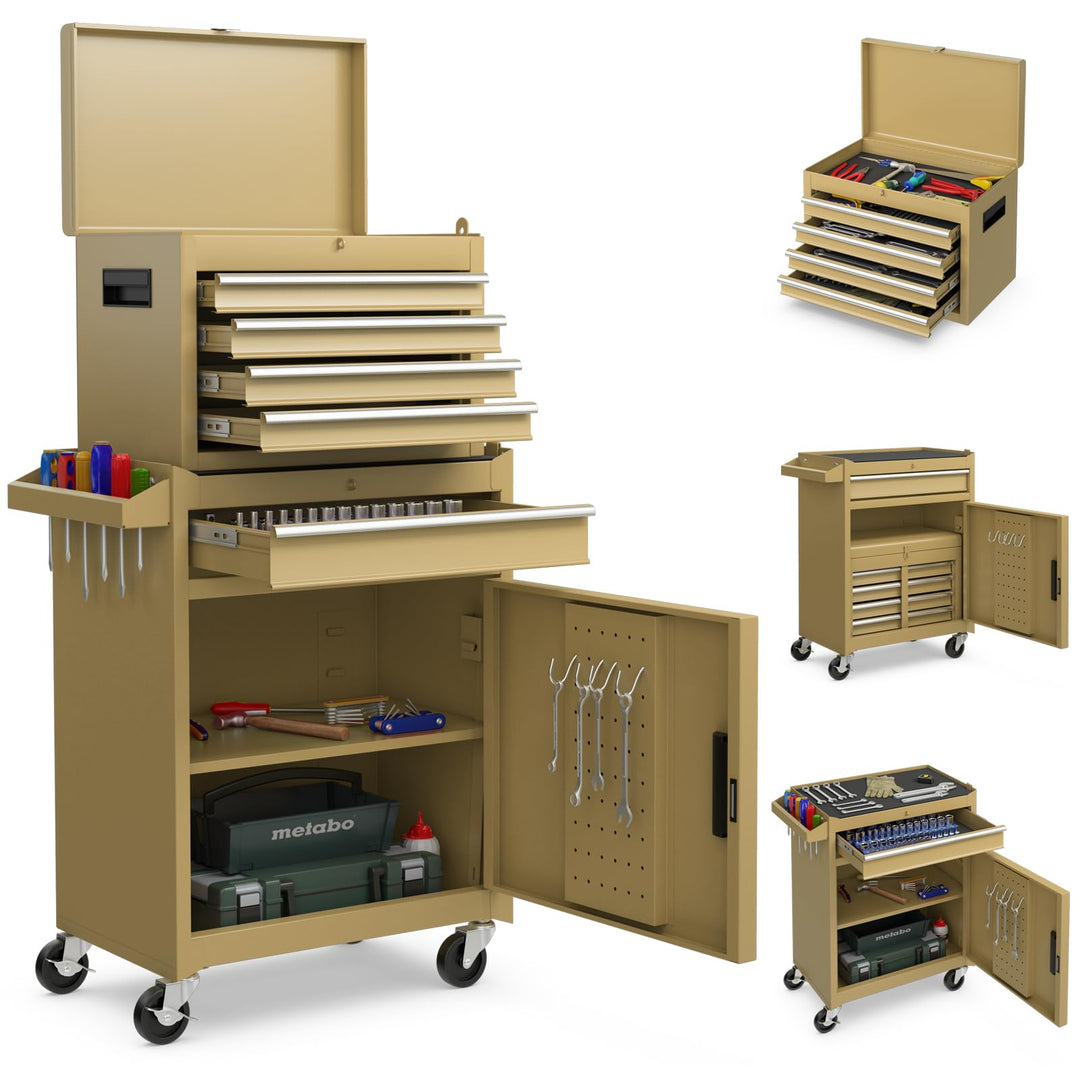 GYMAX Werkstattwagen mit 5 Schubladen, 2 in 1 Werkzeugschrank mit Haken, verstellbarem Regal & Unive