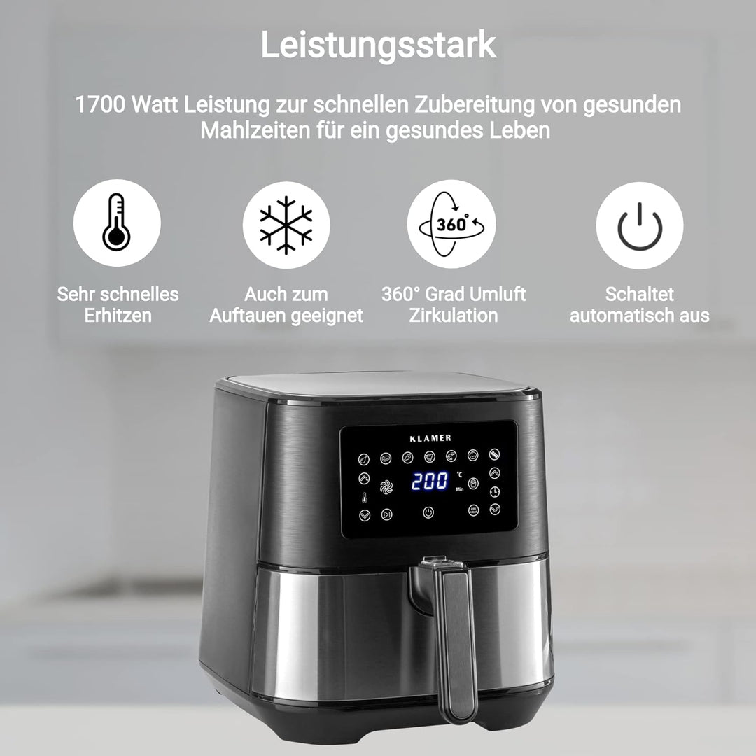 KLAMER Heissluftfritteuse XL 5,5l, Multifunktionale Heissluftfritteuse, ölfreie Fritteuse, 1700W Air
